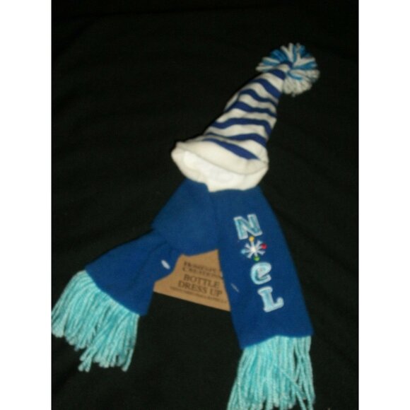 Homespun Creations Blue Noel Scarf Hat Wine Beer Bottle Dress Up Gift Hostess - Picture 1 of 4